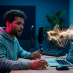 Jovem falando em frente ao microfone na mesa com um notebook em sua frente. O cenário é um estúdio de rádio e ao mesmo tempo, um estúdio para podcasts.